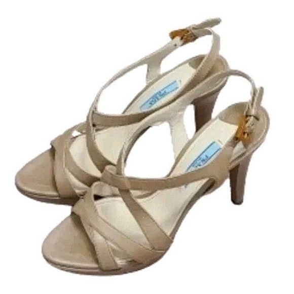 PRADA Cream Strappy Open Toe Sandal Buckle Platform  Tan Slingback Heels Size 36 - Picture 10 of 16